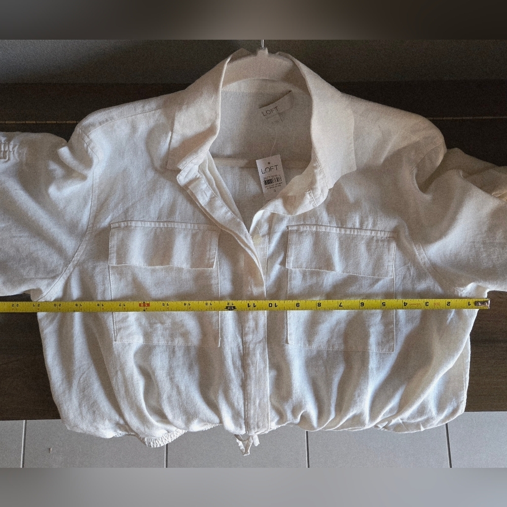 New Loft Utility Button Up Shirt Linen Blend Cinch Sleeve Ties S Layer Cropped - Picture 7 of 8